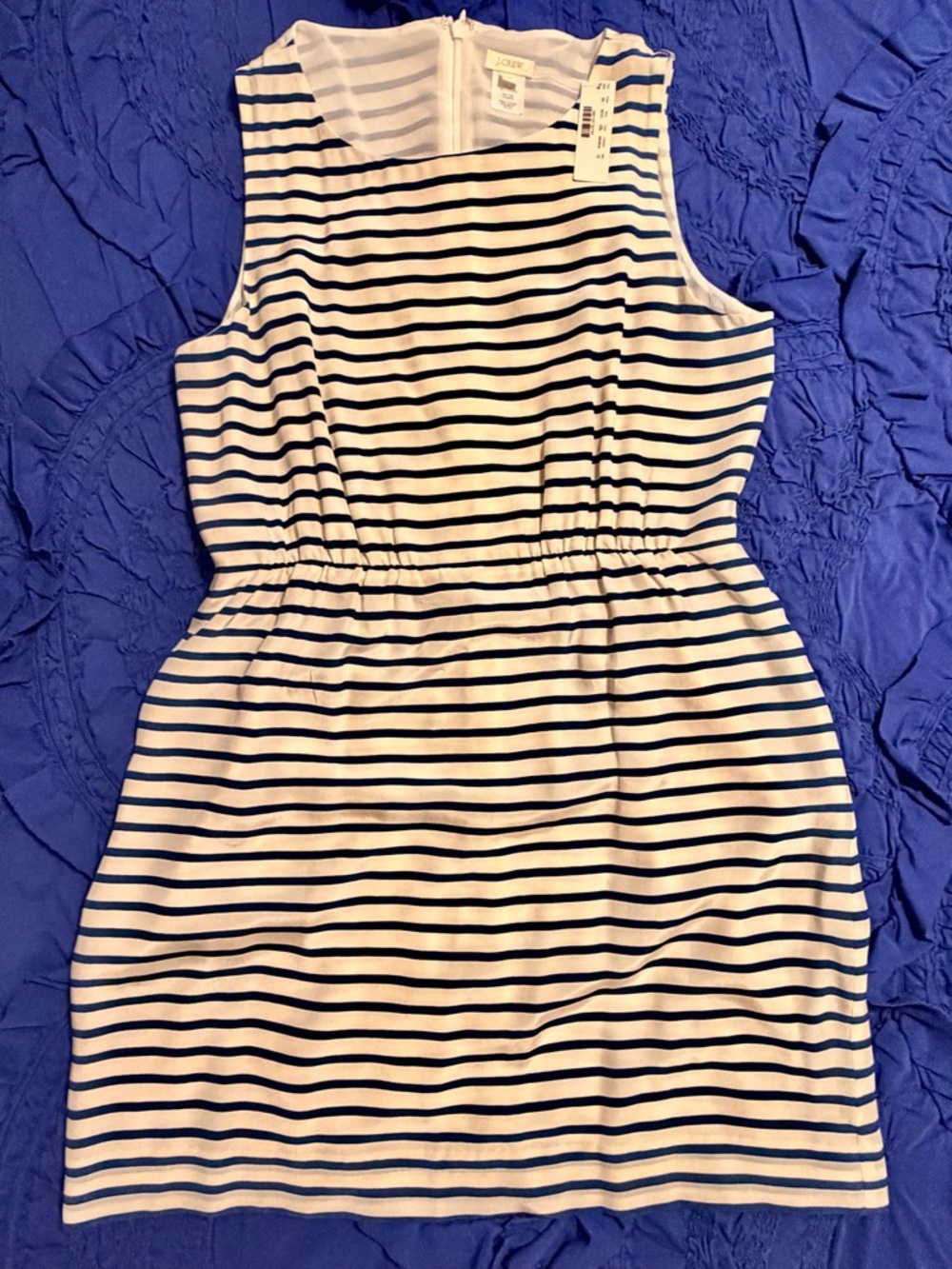 J. Crew White and Navy Striped Sleeveless Silk Dress